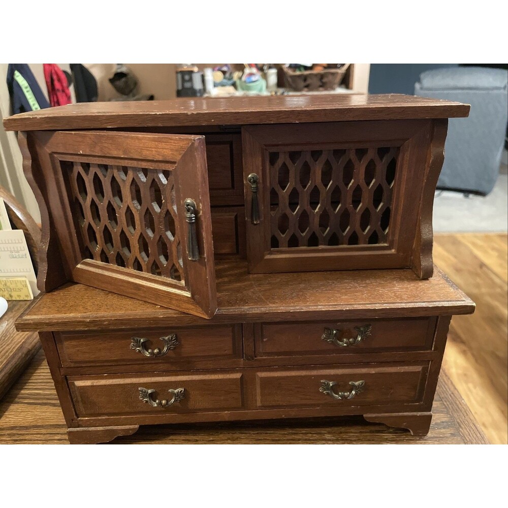 Mid Century Wooden Jewelry Chest Of Drawers Box Red Interior Made In Japan